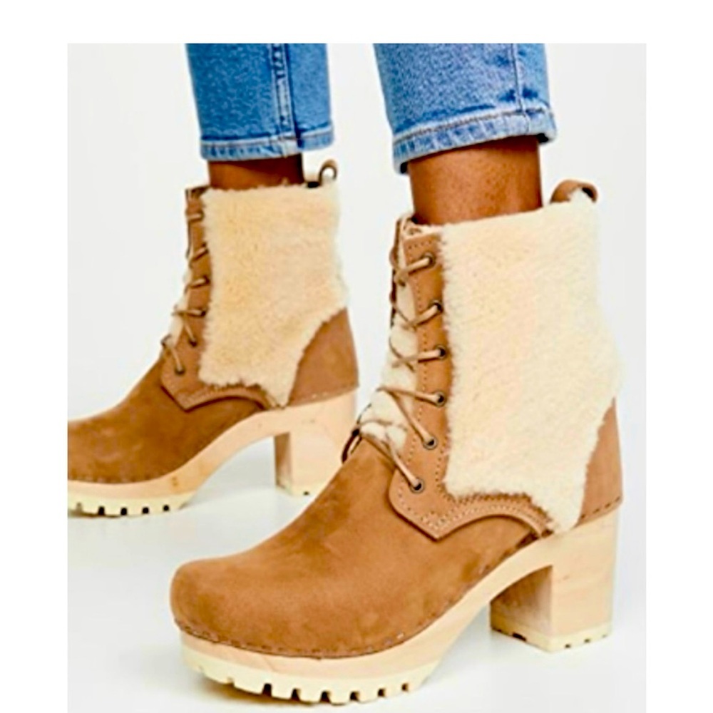 No. 6 Brown Shearling Fur Audubon Lace Up Clog Boots Size 40 in Box